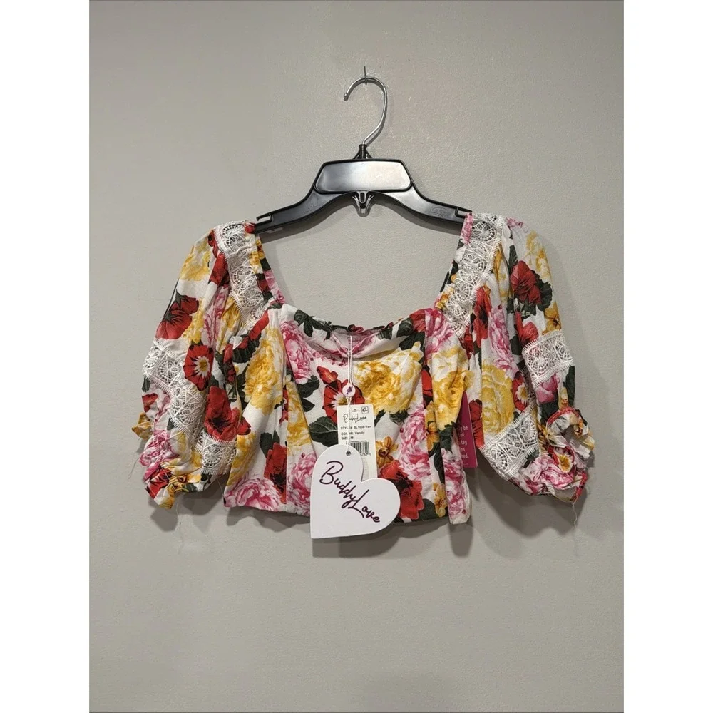 Buddy Love NWT Girls Medium 2piece Set Floral 100% Cotton Lace Trim Puff Sleeve